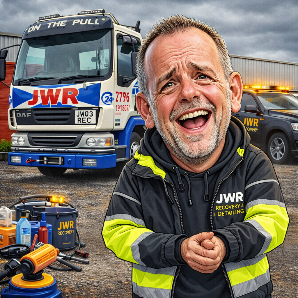 A man smiling happily in a JWR recovery and detailing uniform standing in front of recovery trucks, with cleaning and detailing equipment on the ground.