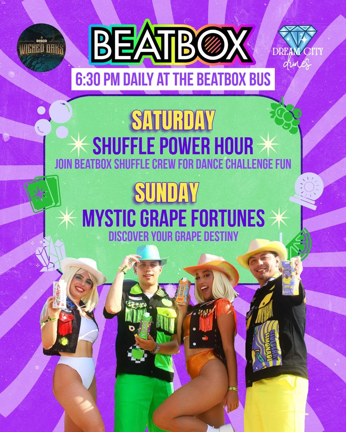 It&rsquo;s time &mdash; Find the @beatboxbeverages crew all weekend long at @wickedoaksfest 🔮 

➡️ Day 1: Solo &amp; Rave Group dance challenge for prizes (and bragging rights)!

➡️ Day 2: Discover your Grape Fate -&gt; don&rsquo;t think just come t