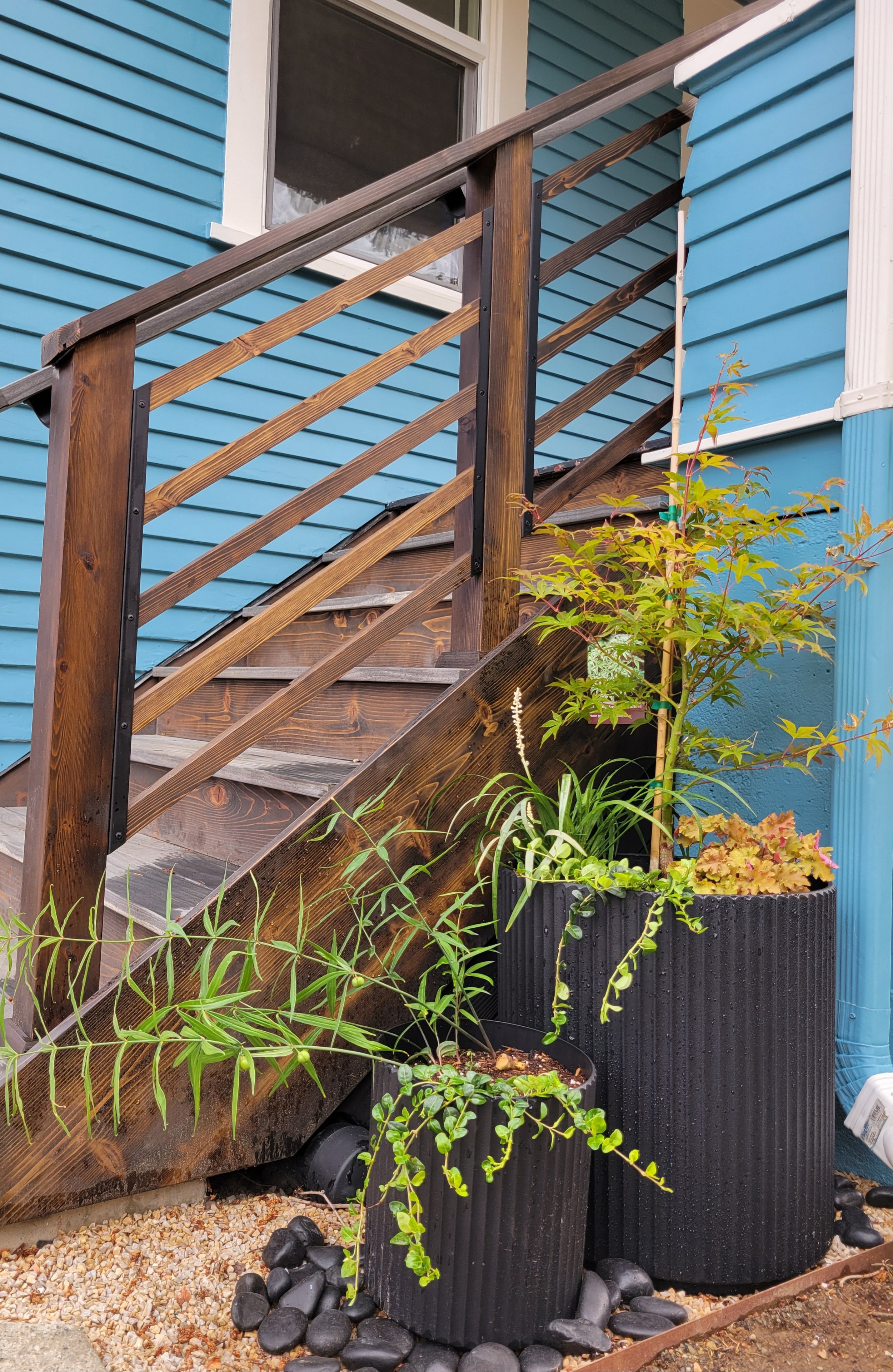 A set of wooden stairs leading up to a blue house with a window. The stairs are bordered by dark metal railings, and there are plants in black planters at the base of the stairs, including green and yellow foliage.