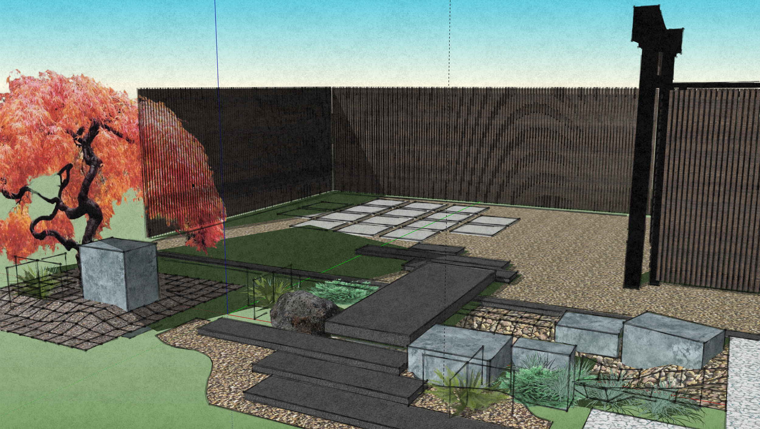 A backyard landscape design with a red japanese maple tree, a stone bridge, a small dry creek water feature, tall grass, decorative rocks, paved pathways, and a wooden privacy fence.