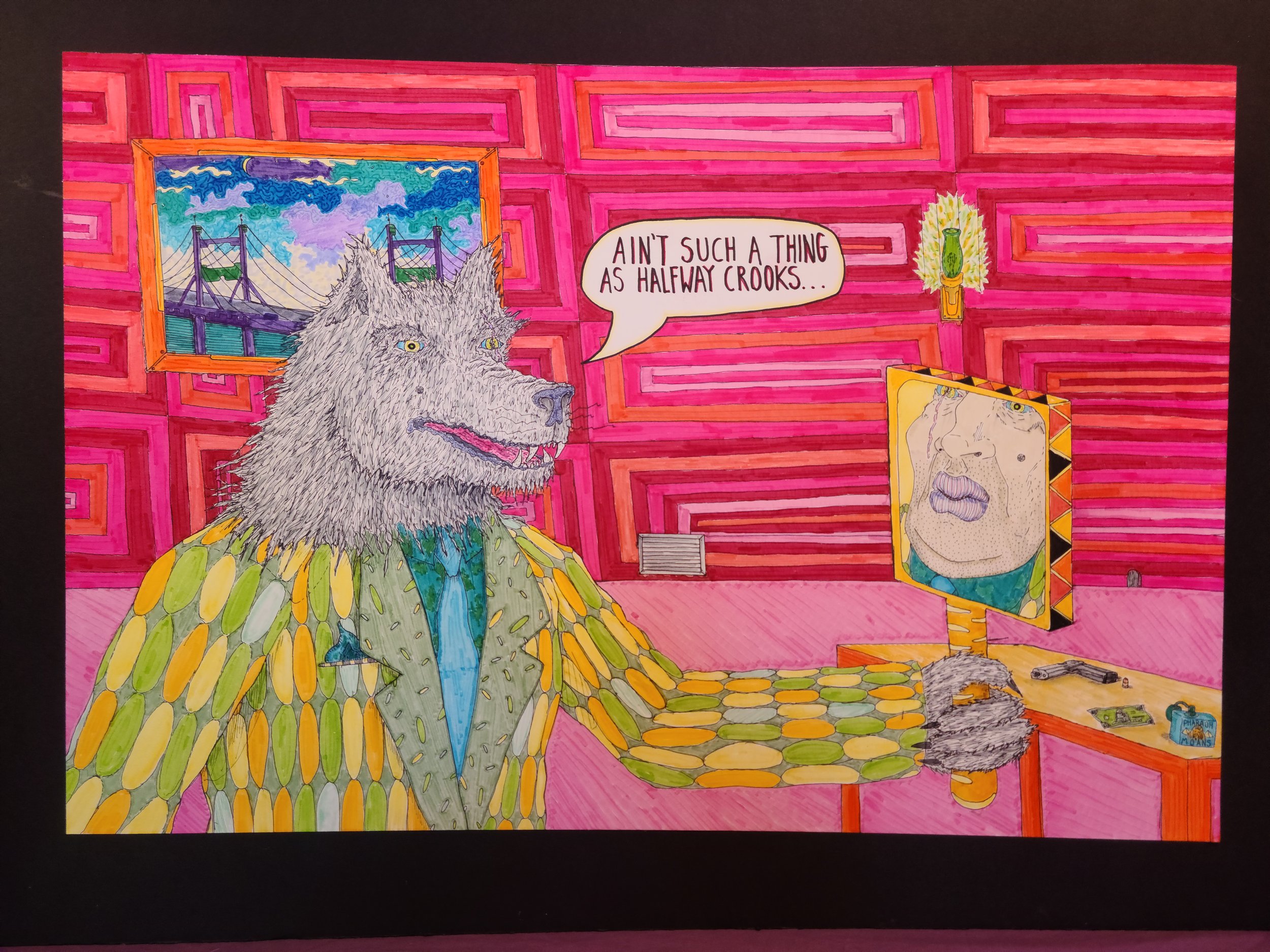 “Pharaoh Moans” (2018) Ink, Pencil, Marker on Paper on Foam Board.. 16”x20”