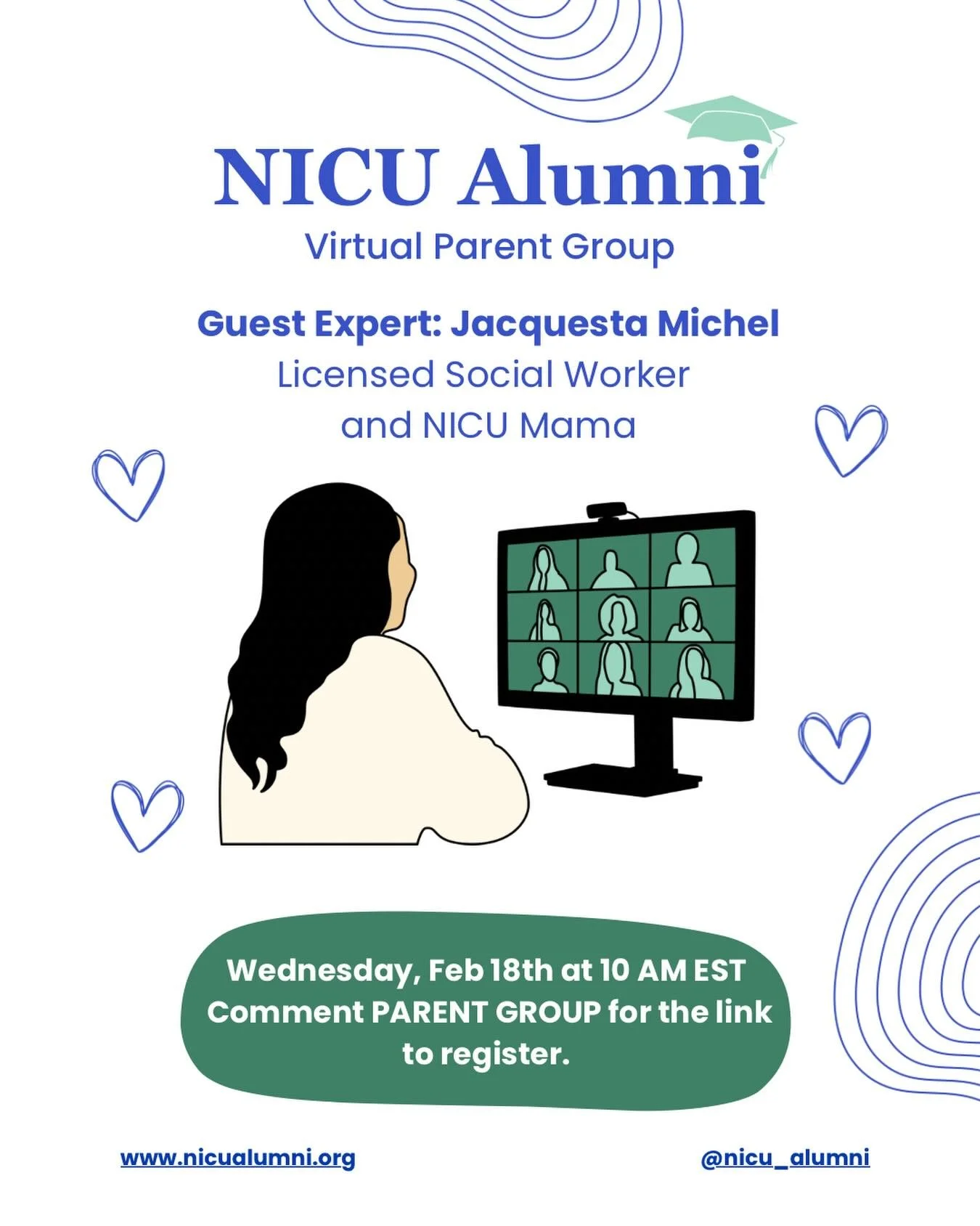 Being a NICU parent doesn&rsquo;t end at discharge, and neither do the emotions that come with it.

At our next NICU Alumni Parent Group, we&rsquo;re thrilled to welcome Jacquesta Michel, LCSW (@nicumamatherapist) &mdash; licensed clinical social wor