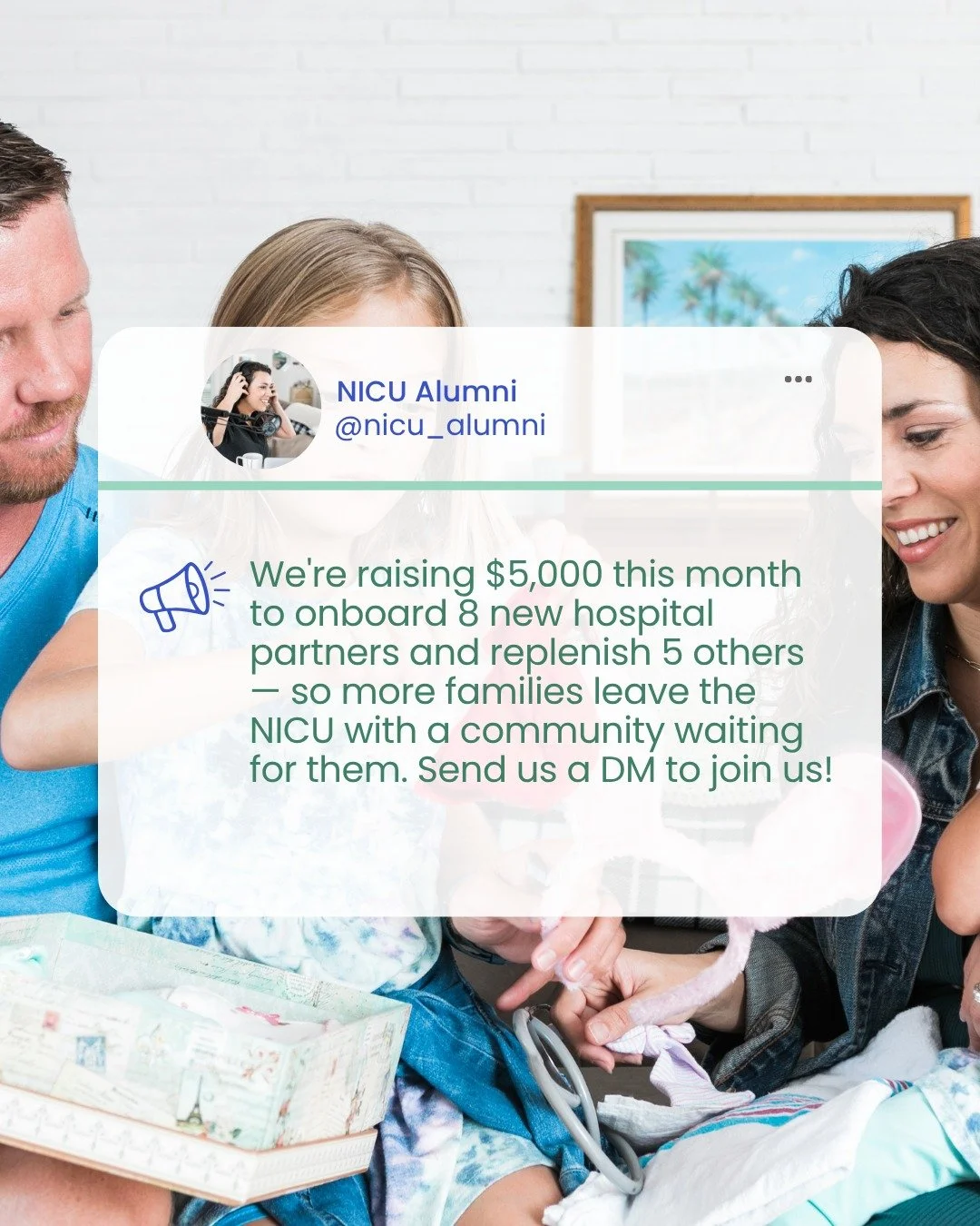 We're in the middle of something exciting over here, and we'd love for you to be part of it.

This month, NICU Alumni is raising $5,000, and every dollar goes directly toward reaching more families after discharge.

We're working to onboard 8 new hos