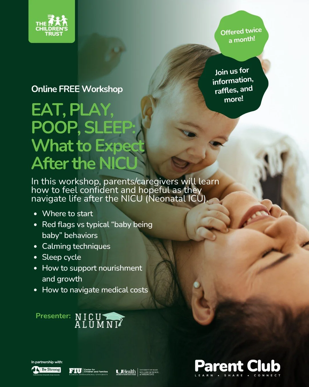 NICU families usually go home with a discharge packet. That's about it.

Eat, Play, Poop, Sleep is our free monthly Graduation Orientation for NICU families navigating life at home. It's happening twice a month so more families can make it work, and 