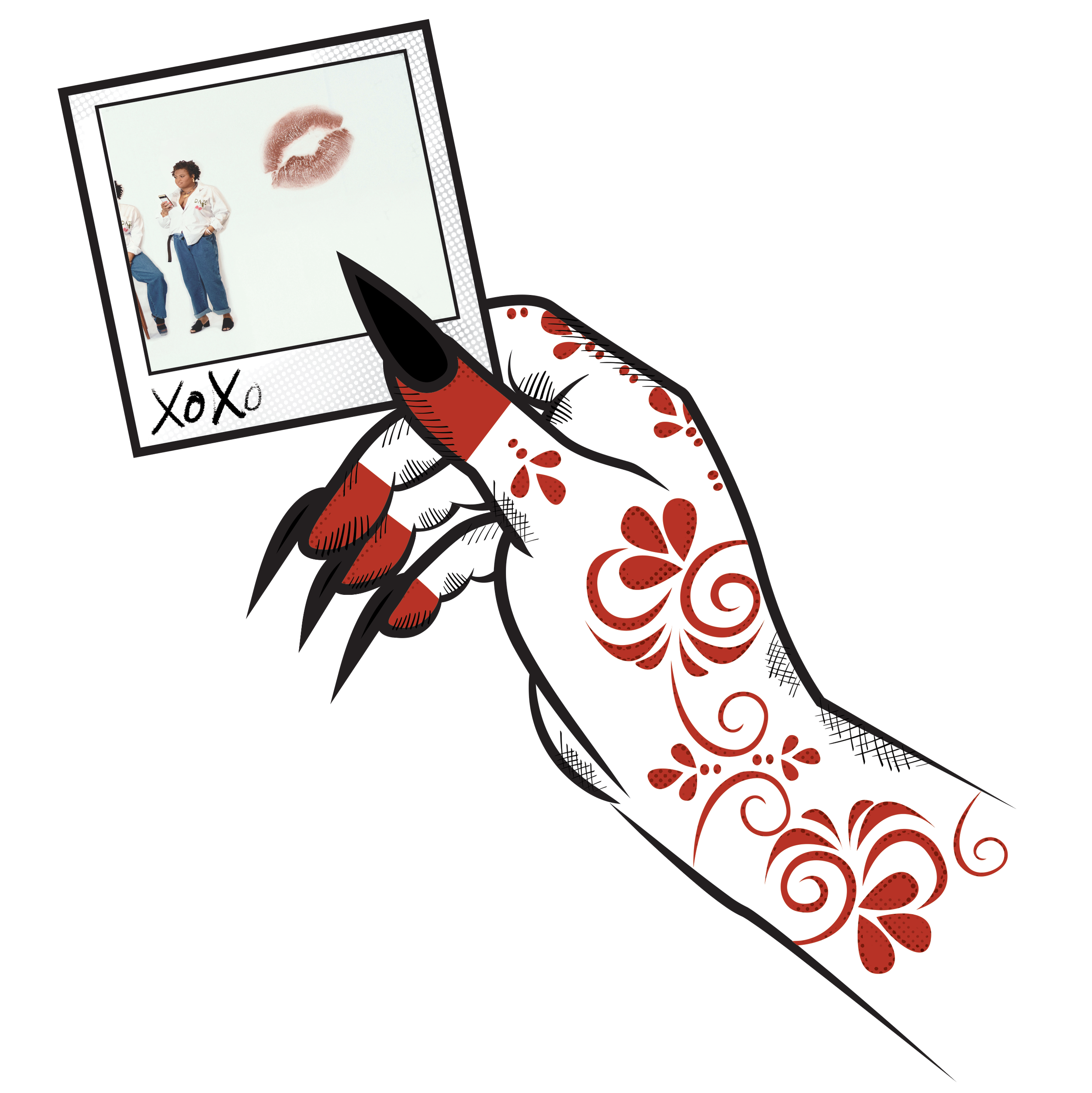 Daisy's right hand adorned wit henna stylized in one of her illustration styles, holding a polaroid self portrait.