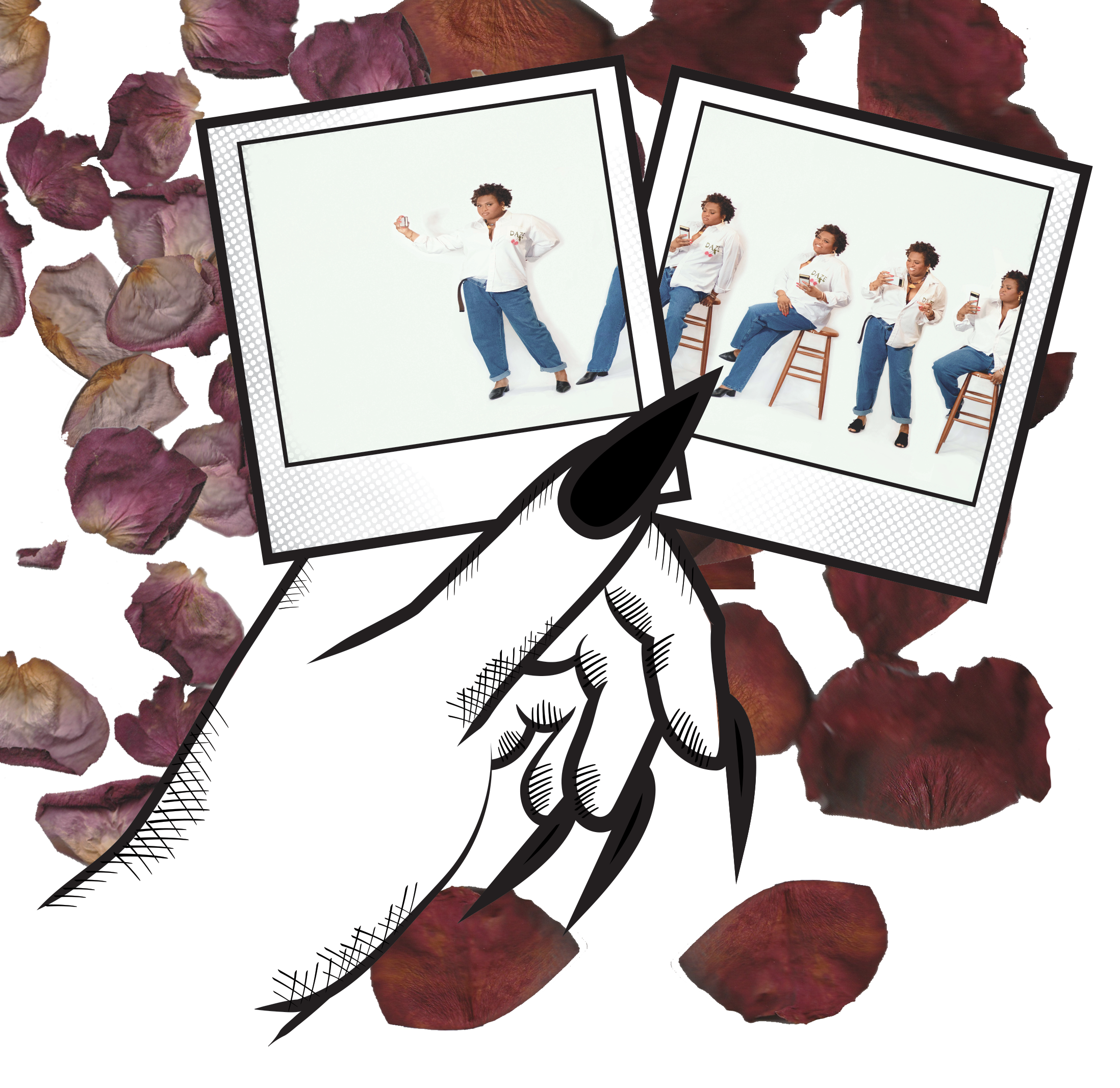 Daisy's left hand stylized in one of her illustration styles, holding 2  self portrait polaroids above dried flowers.