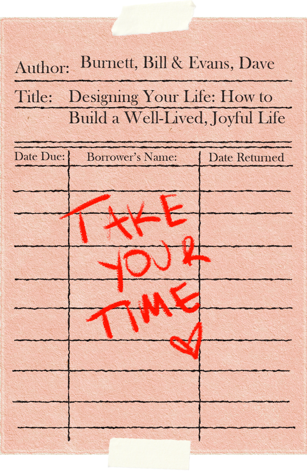 Library book rental card listing the book Designing Your Life: How To Build a Well-Lived Joyful Life by Bill Burnett & Dave Evans