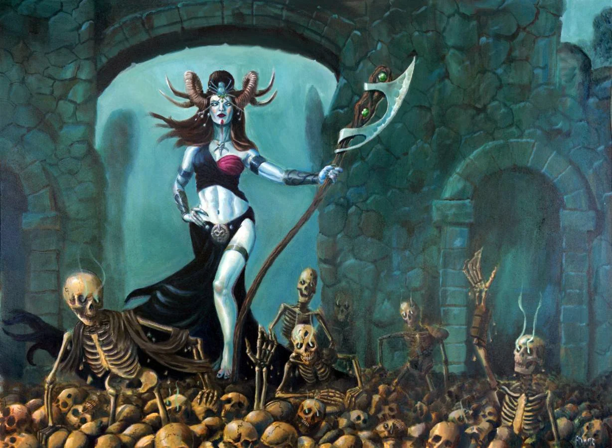 A dark fantasy illustration of a woman with horns and pale skin standing among skeletons in a stone dungeon, holding a curved staff with green orbs.