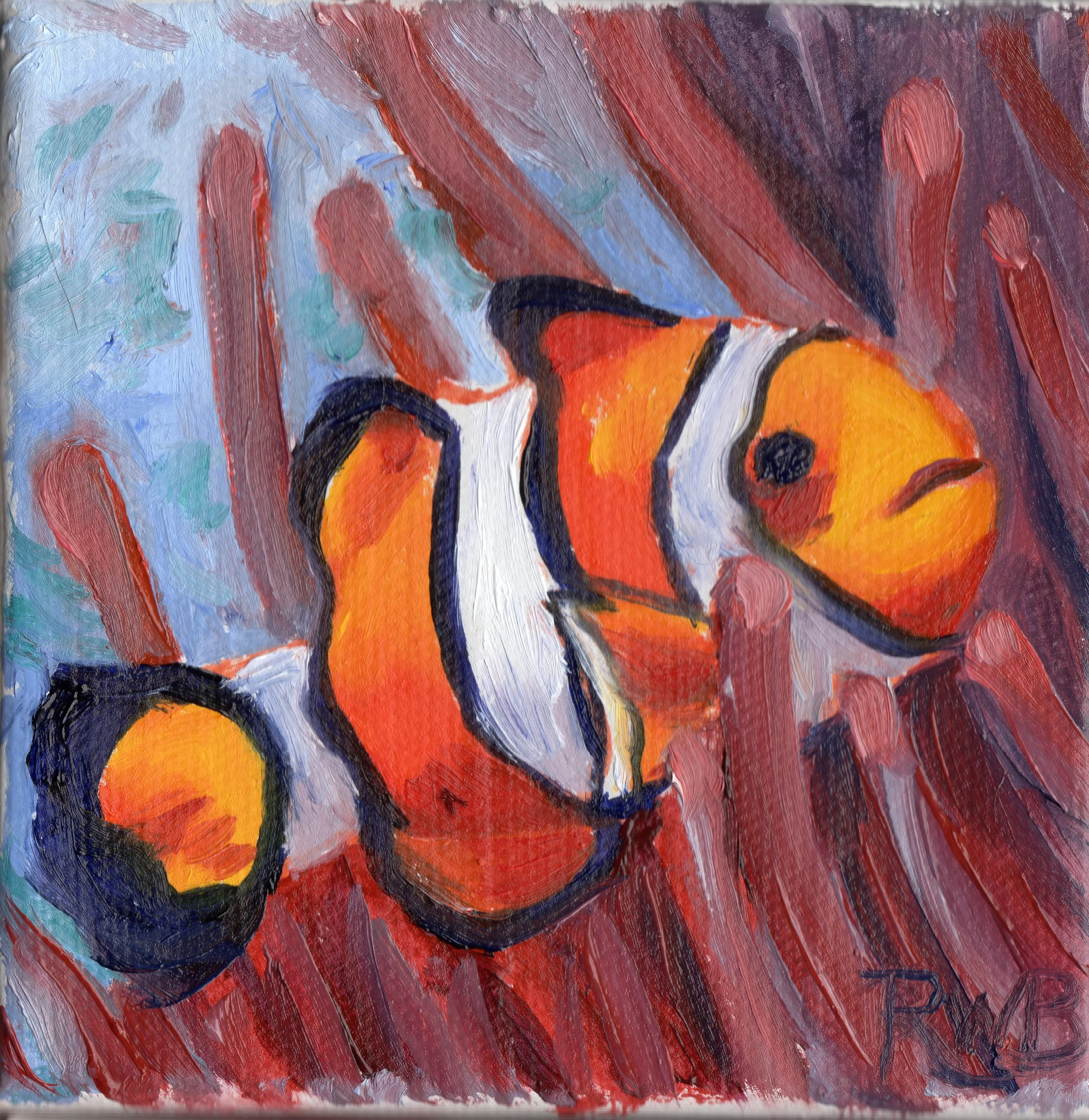 Clown Fish Mini Oil Painting – Original 4x4 Ocean Art, Small Coastal Wall Decor