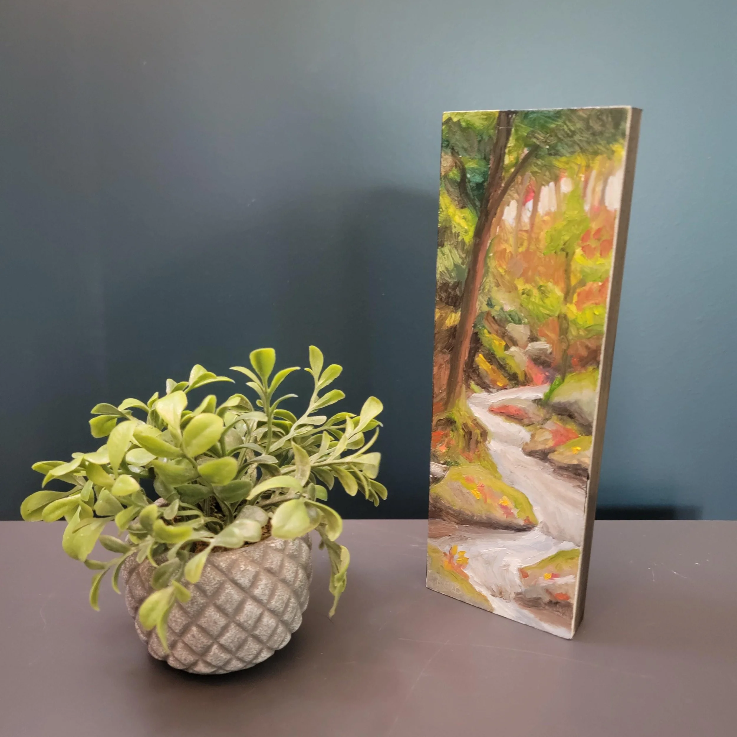Miniature Winding River Oil Painting: Vertical Landscape Wall Art (3x9)