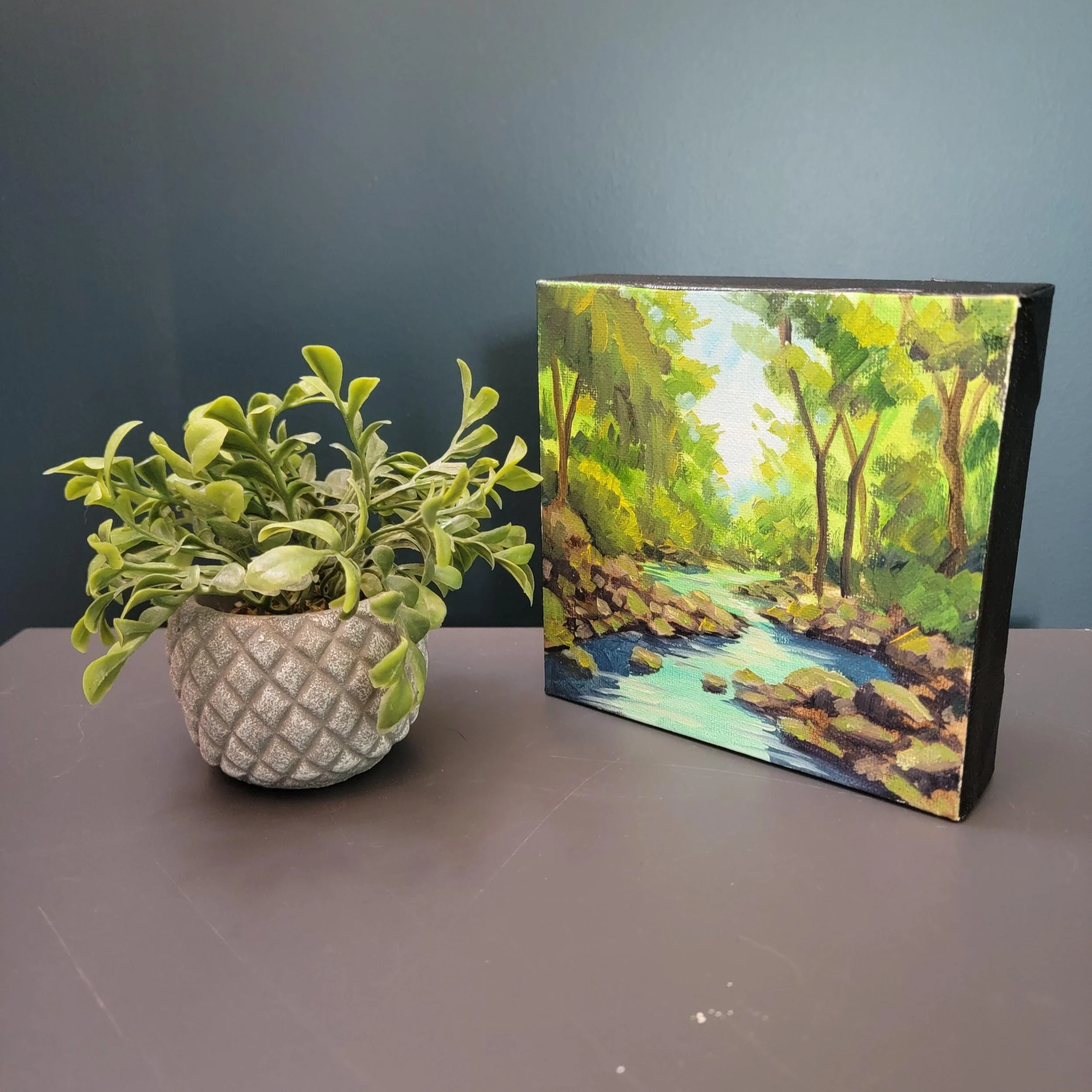 Miniature Winding Forest River Oil Painting: Vertical Landscape Wall Art (4x4)