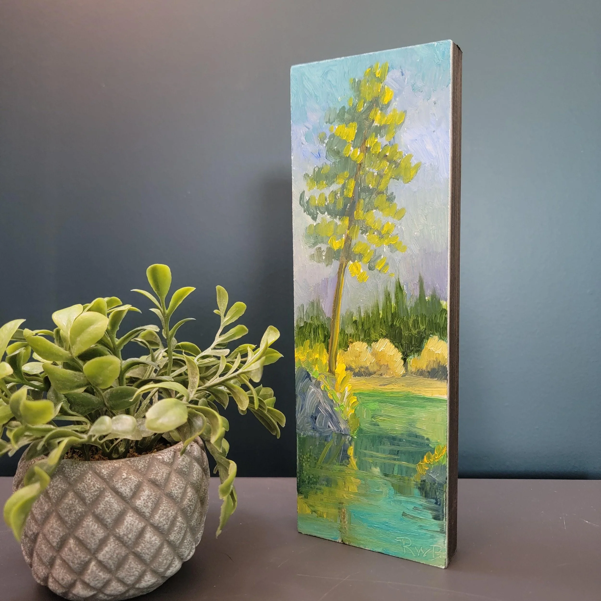 Miniature Small island on a lake Oil Painting: Vertical Landscape Wall Art (3x9)