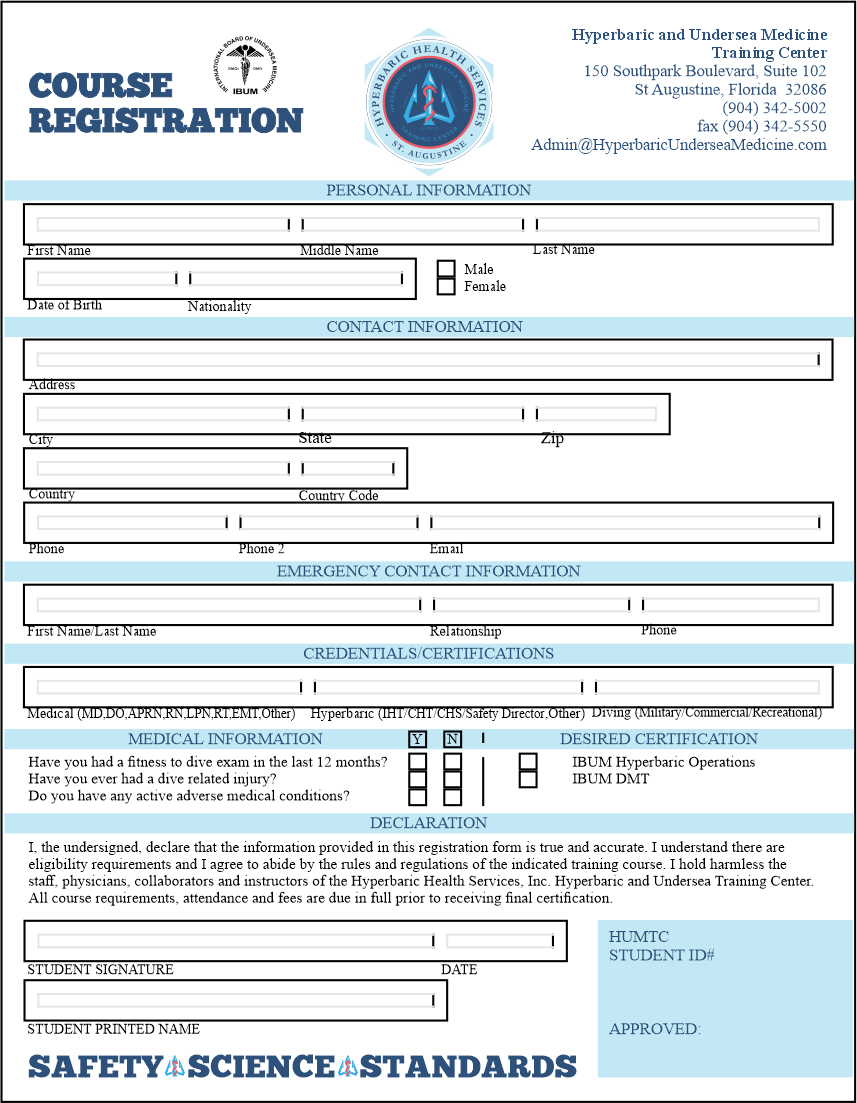 Hyperbaric and Undersea Medicine Training Course Registration Form with sections for personal, contact, emergency, credentials, medical information, certification, and declaration details, featuring logos and text.