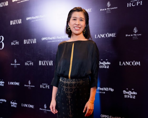 Denica Riadini-Flesch in a SukkhaCitta evening gown as one of the women celebrated by the Bazaar Icons Gala