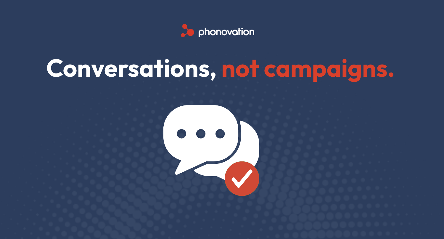 Graphic promoting conversational messaging with the headline "Conversations, not campaigns."