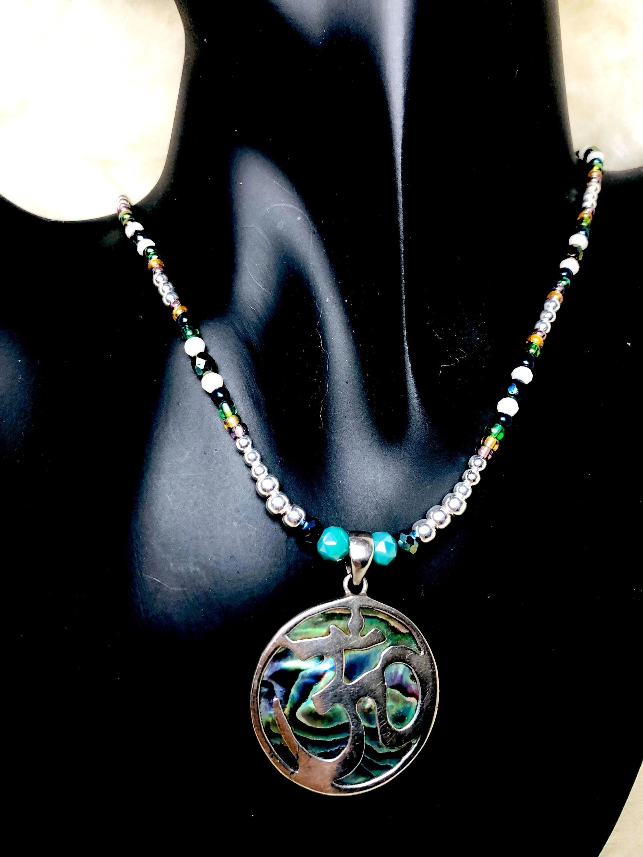 925 Sterling Silver Om Pendant Necklace, Mother of Pearl Necklace, Silver Bead Necklace, Glass Seed Bead Necklace