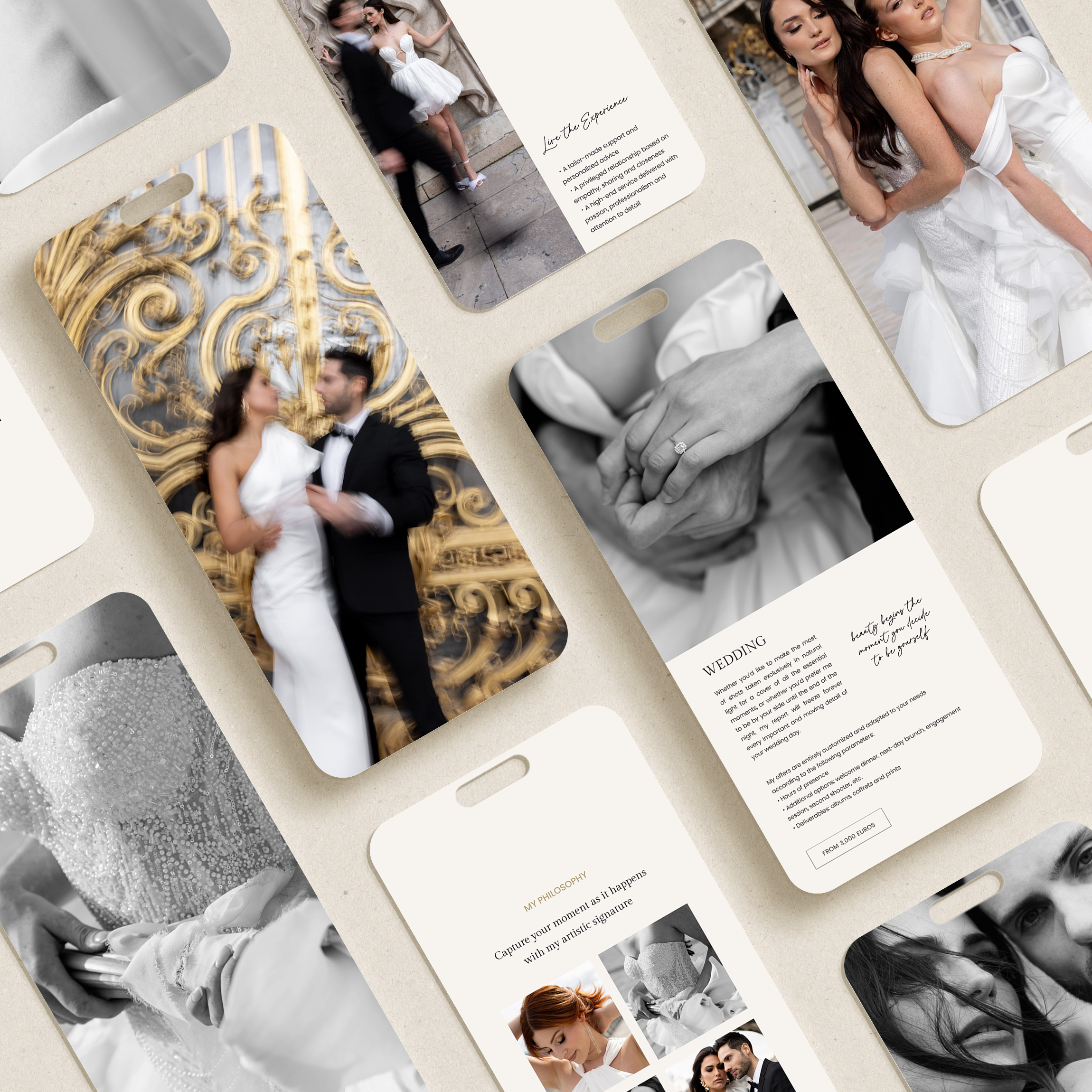 Collection de photos de mariage avec des couples en tenues élégantes, notamment une mariée en robe blanche et un marié en costume noir, lors d'une cérémonie ou séance photo en extérieur, avec des éléments décoratifs comme des ferronneries dorées et des détails de vêtements.

Des extraits de texte décrivent des conseils pour organiser un mariage et évoquent l'atmosphère romantique et élégante de l'événement.
