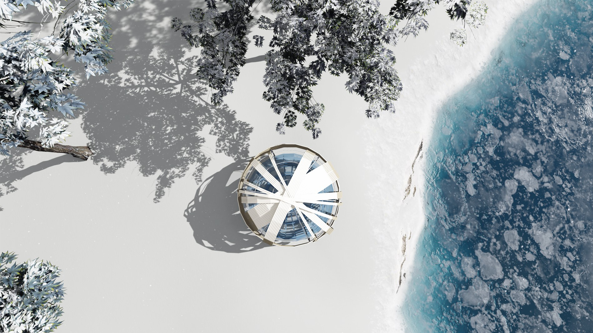 A circular glass building on snowy ground near icy water, with snow-covered trees casting shadows.
