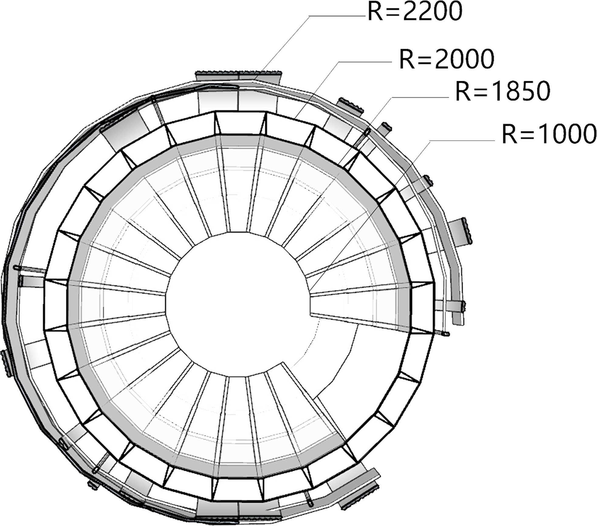 Architectural floor plan of a circular staircase with labeled radii measurements.