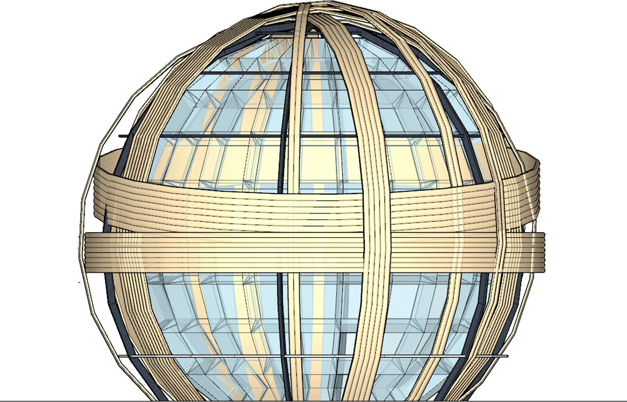 A digital rendering of a geodesic dome structure with wooden beams and glass panels.