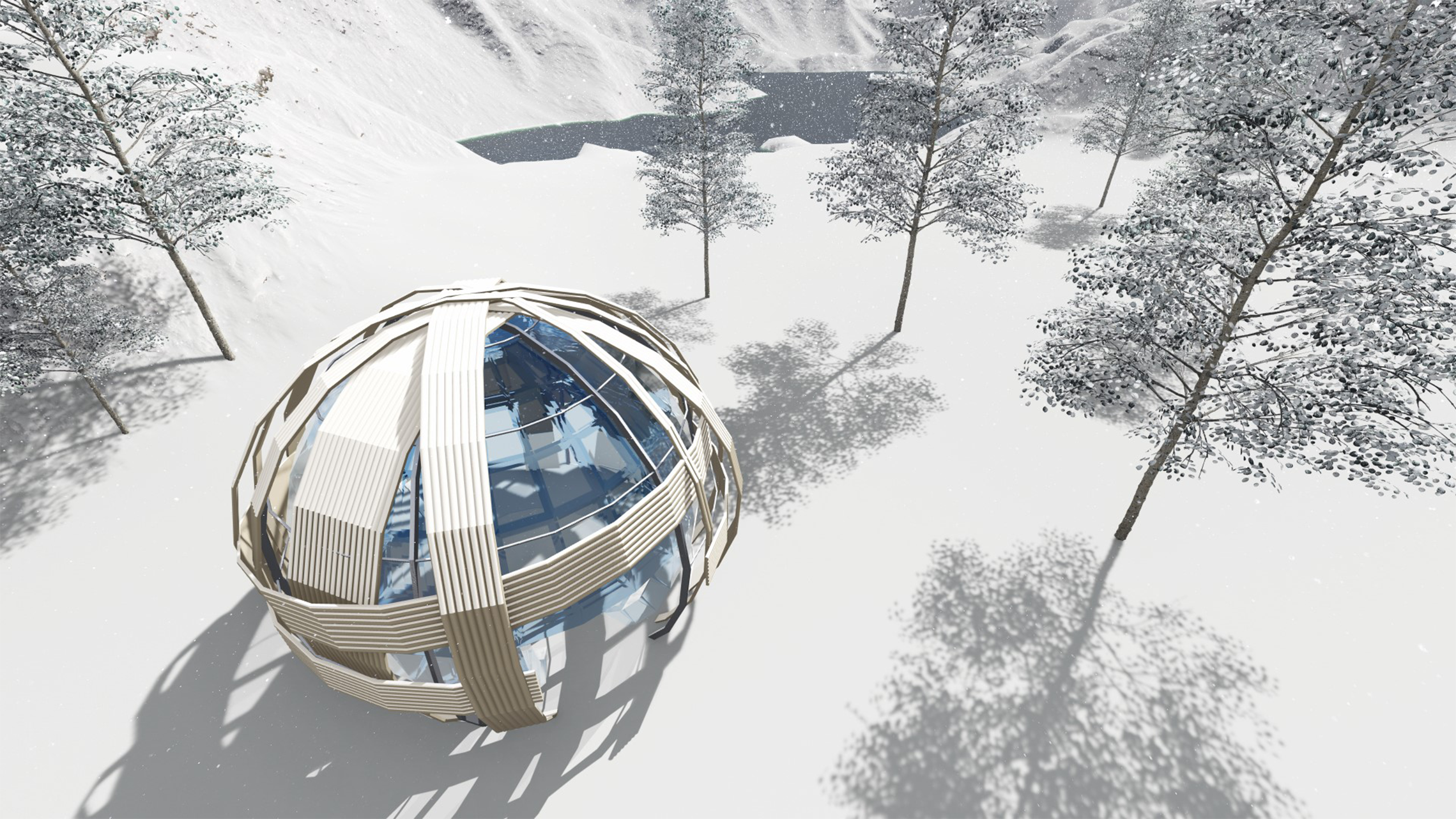 A futuristic building with a spherical glass structure and wooden exterior, situated in a snowy landscape with snow-covered trees casting shadows.