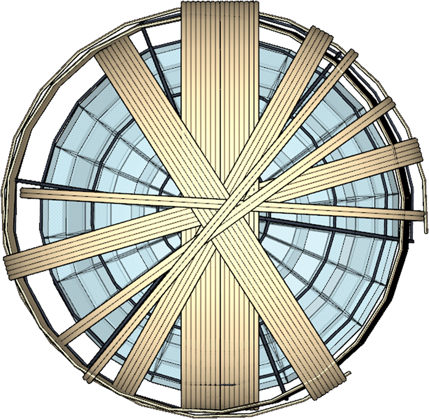 Top view of a circular glass and metal structure with wooden planks crossing over it, resembling a skylight or roof support.