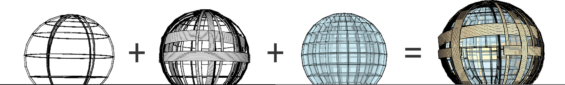 Four different 3D modeled spherical architectural structures, each with unique frameworks and designs, aligned horizontally.