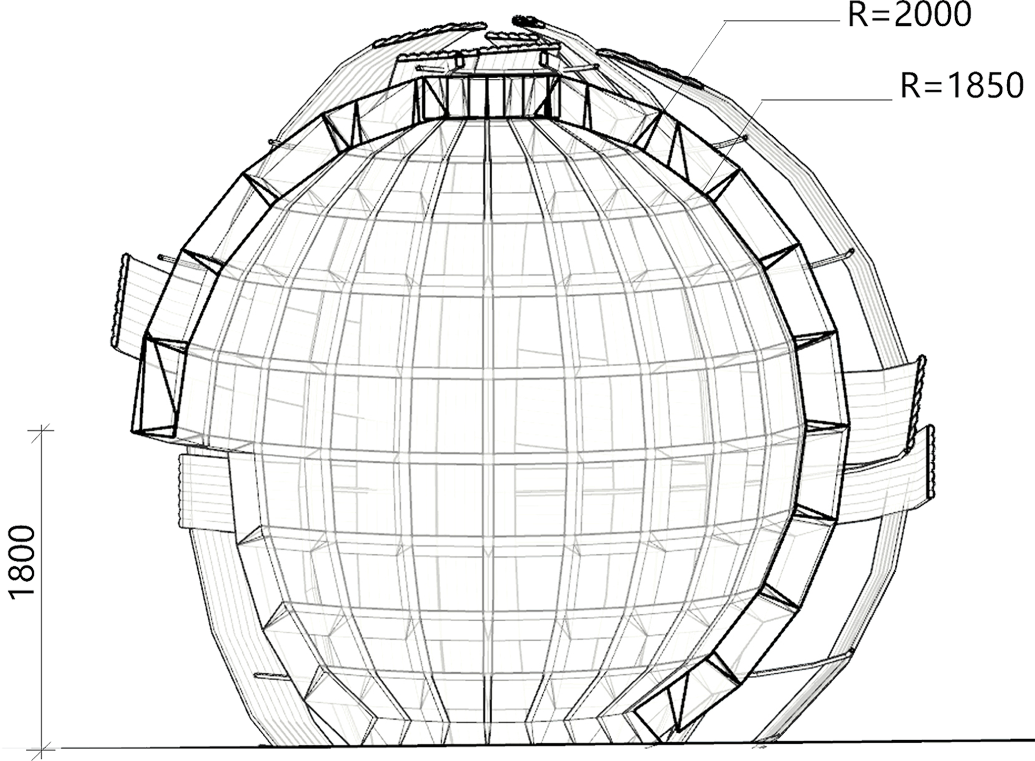 Technical drawing of a geodesic dome structure with measurements labeled, viewed from above.