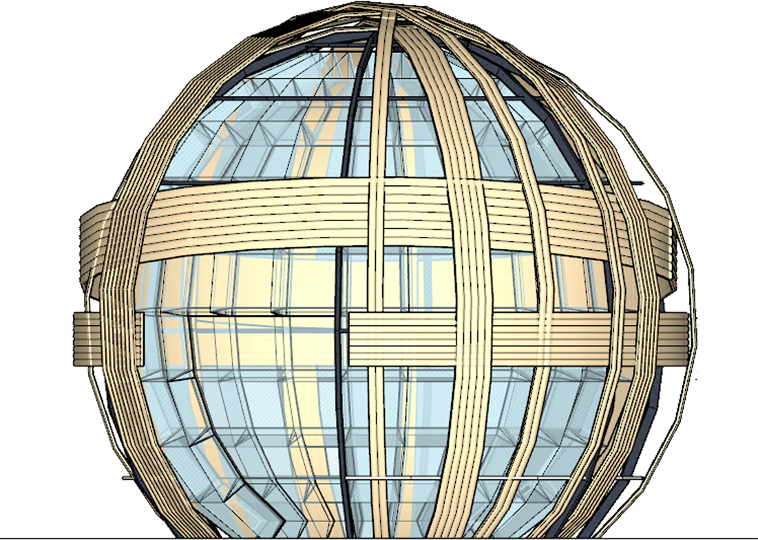 Architectural model of a spherical building with wooden beams and glass windows.