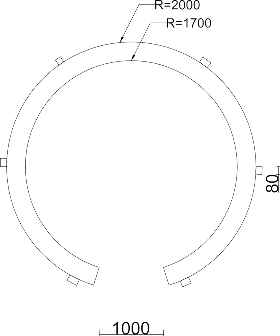 Technical drawing of a circular object with dimensions and radius measurements