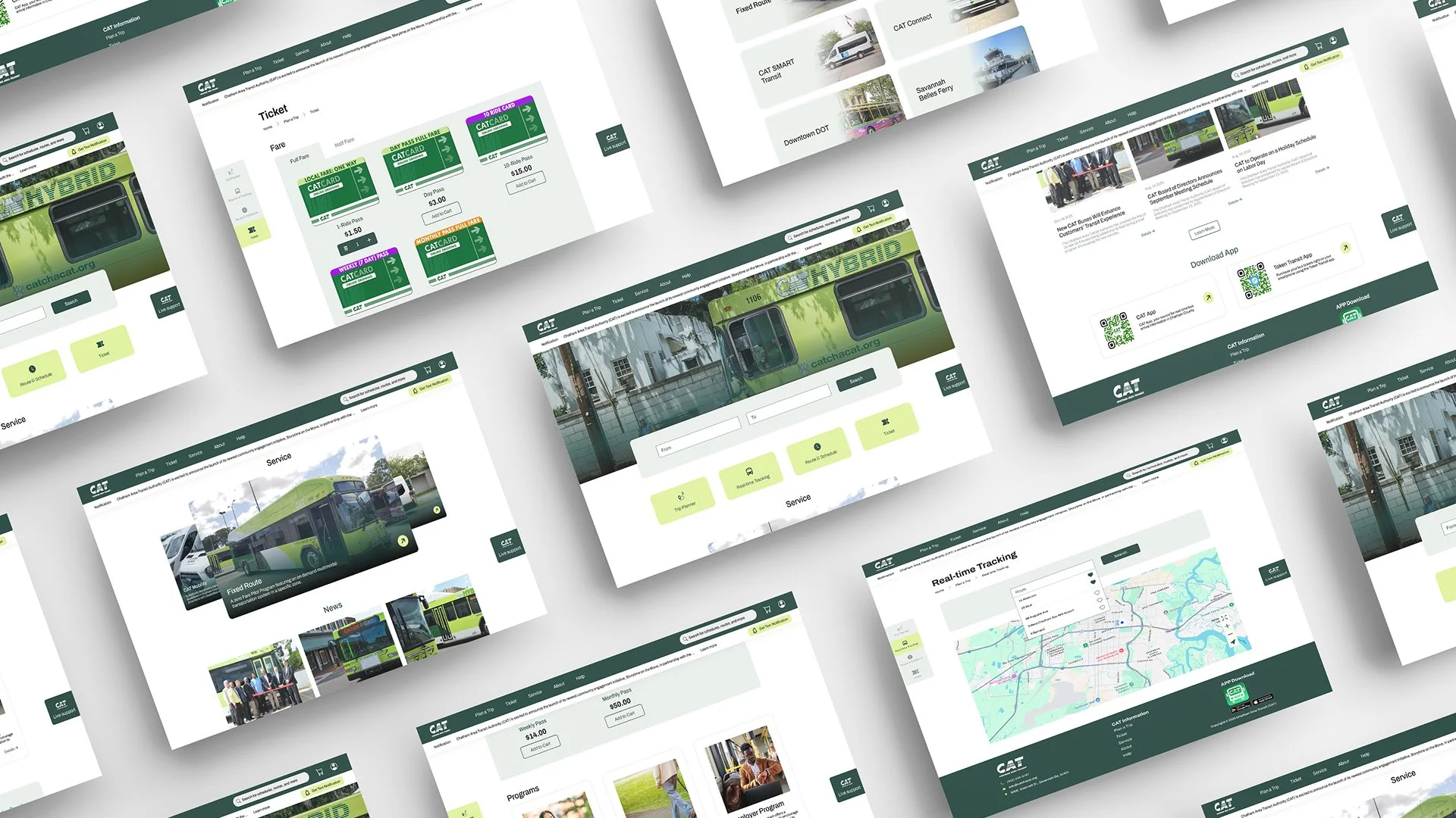 Multiple webpage screens displaying CAT transit service options, ticket purchase, real-time tracking, and bus images.