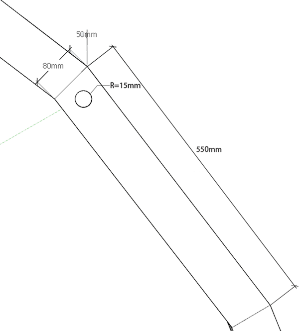 Technical drawing of a curved metal strip with measurements: 80mm length, 50mm height, 550mm overall length, and a hole with a diameter of 15mm near one end.