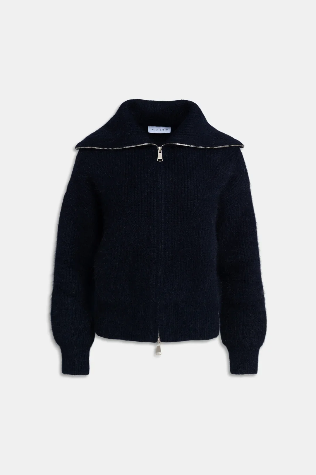 WOOL BLEND ZIP UP CARDIGAN NAVY BLUE - Weili Zheng