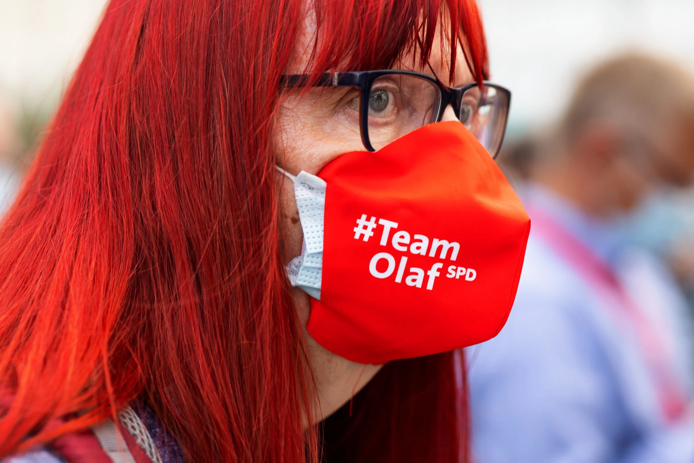 SPD supporter at an Olaf Scholz campaign rally, Berlin, 2021