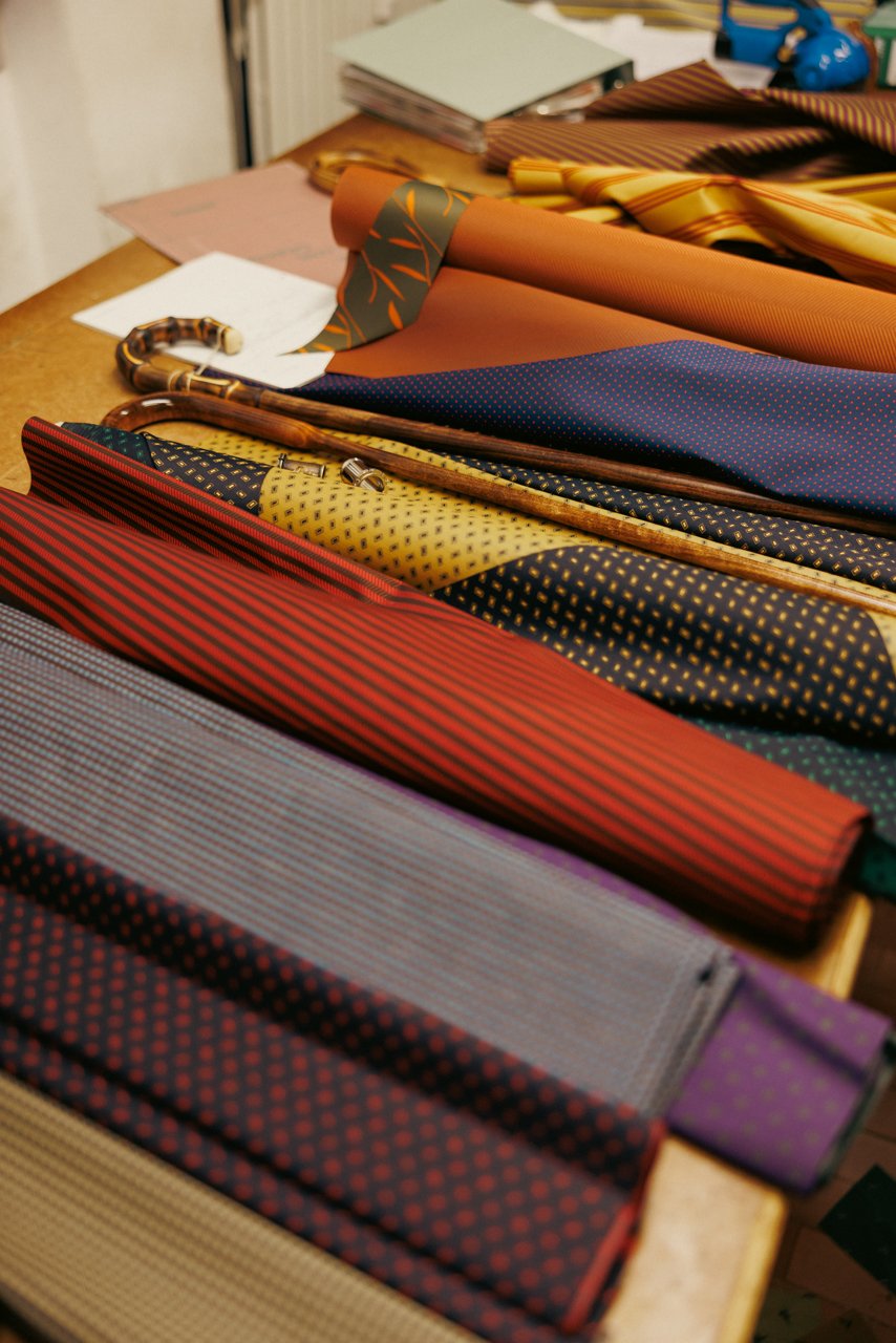Collection of various colourful and patterned fabrics at Maglia workshop.