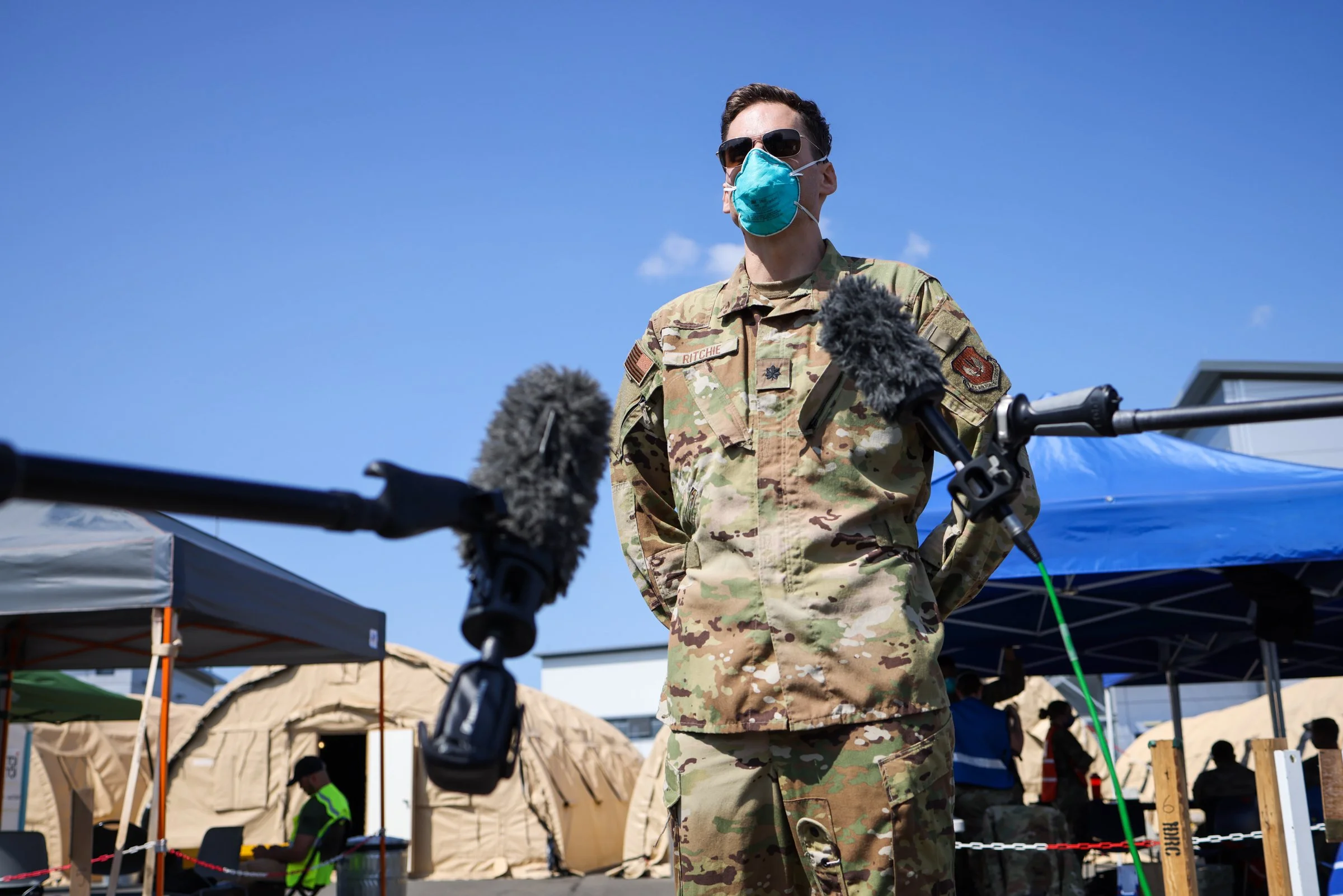 US Air Force spokesperson addresses media at Ramstein Air Base during the Afghanistan evacuation operation, 2021