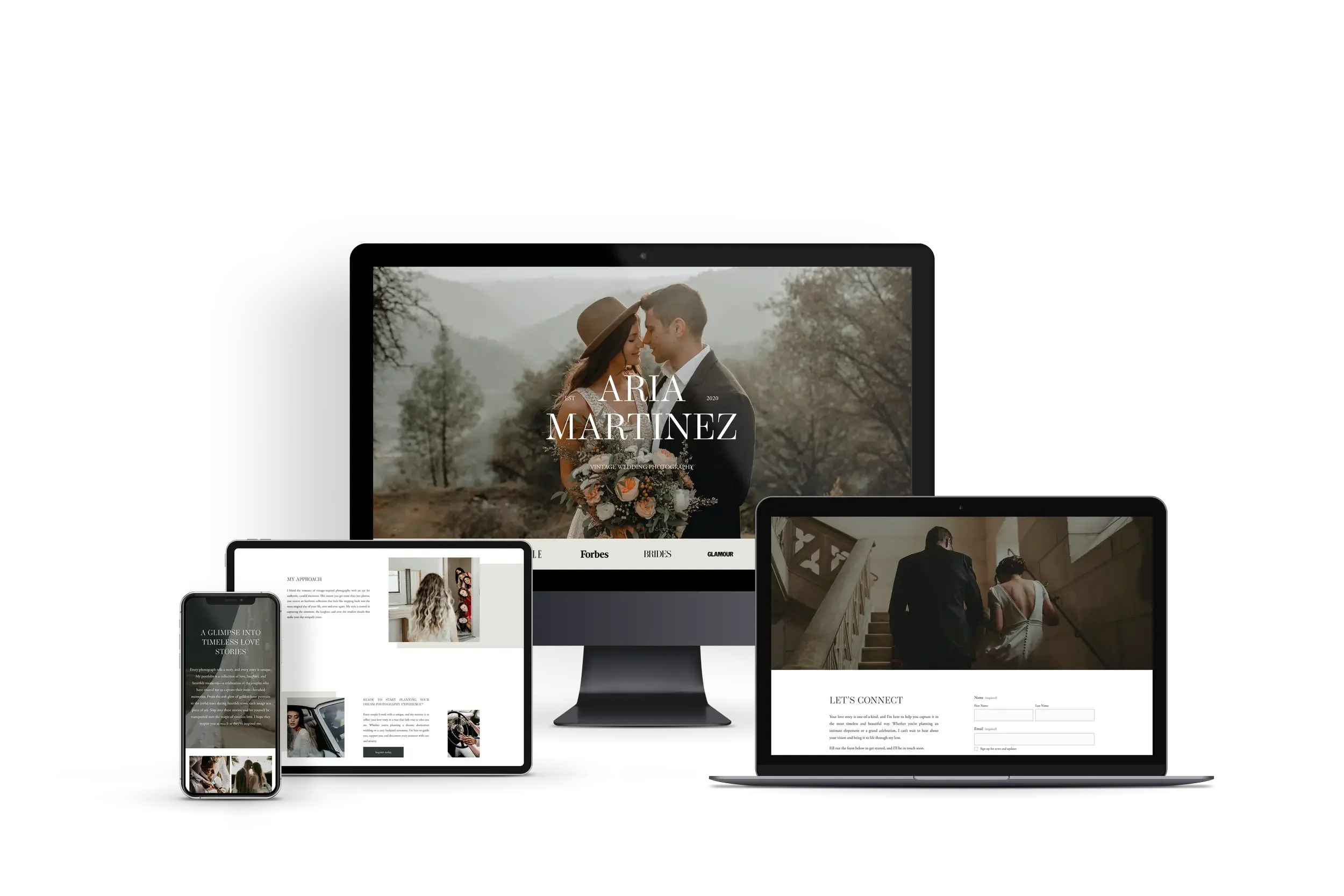 Multiple electronic devices displaying various web pages and images, including a wedding photo on a computer monitor, a smartphone, and tablets.