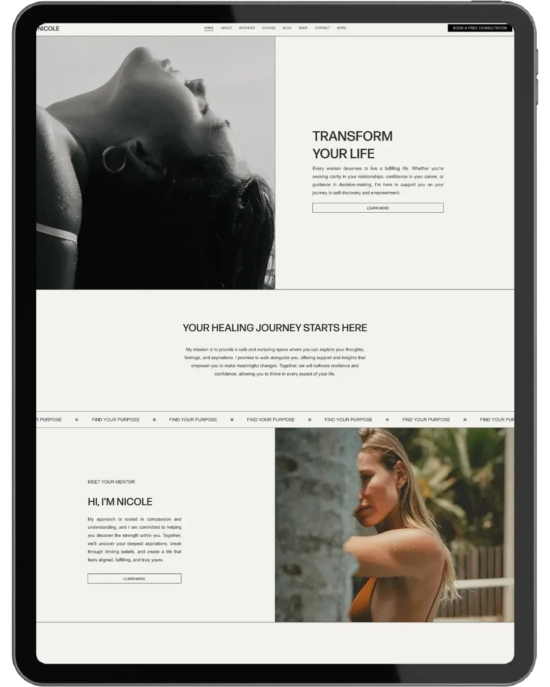 Webpage of a wellness or coaching service with black and white and color images of women, featuring sections on life transformation, healing journey, and mentorship.