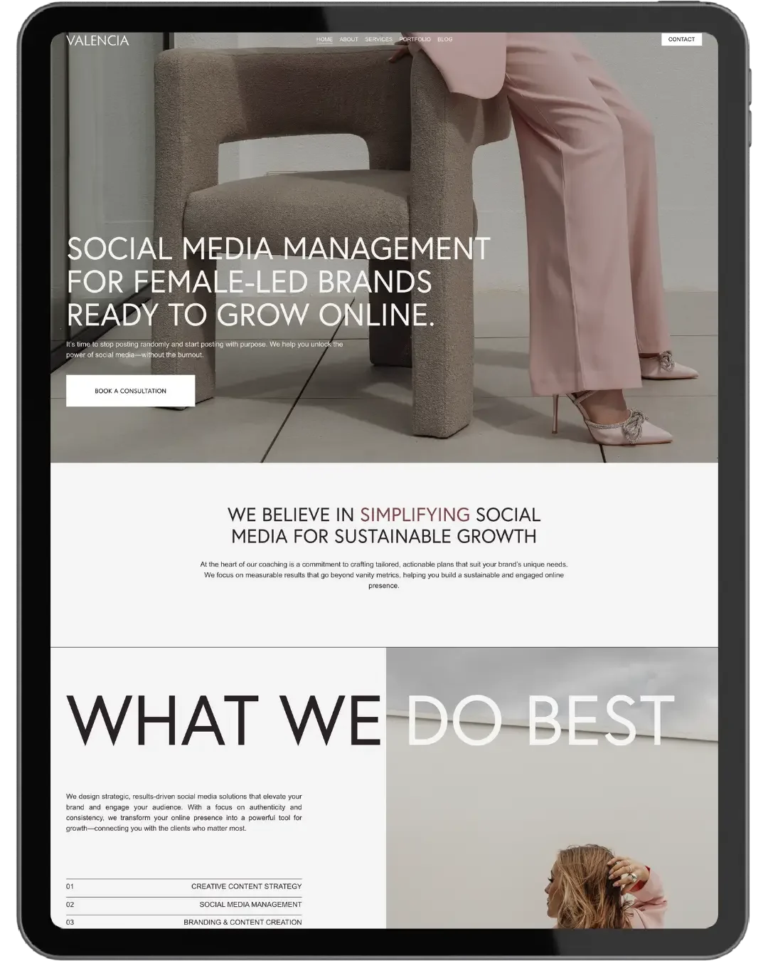 A website homepage on a tablet screen for a social media management company targeting female-led brands. The page features a woman in pink pants and high heels, leaning on a chair, with text overlaid promoting social media management and sustainable growth strategies.