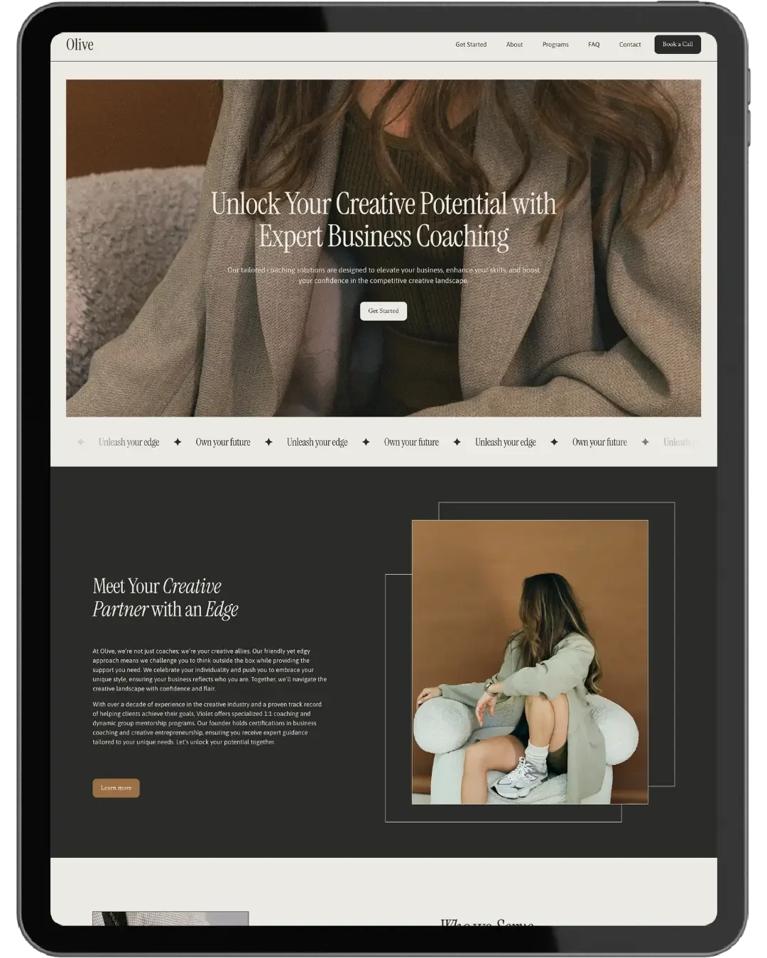 Homepage of a coaching website with the headline 'Unlock Your Creative Potential with Expert Business Coaching' featuring a woman in business casual attire, and a section about meeting a creative partner with an image of a woman sitting on a chair.