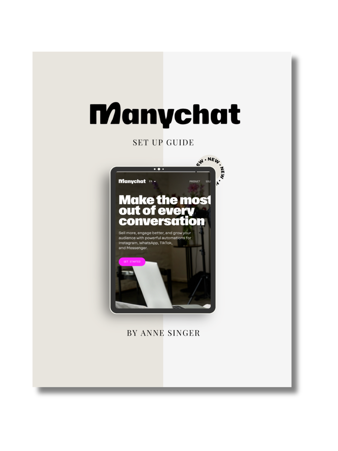 Book cover for 'Manychat Set Up Guide' by Anne Singer with an image of a smartphone displaying a chat automation app