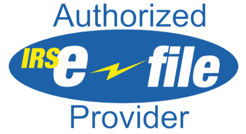 IRS e-file provider logo with blue background, yellow lightning bolt, and text 'Authorized IRS e-file Provider'