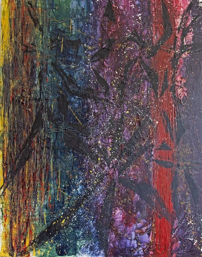 original art by BrendaJay - portrait painting moving across from left to right with yellows, oranges, greens, blues, purples, reds with an overlay of black wing like shapes. Significant texture throughout