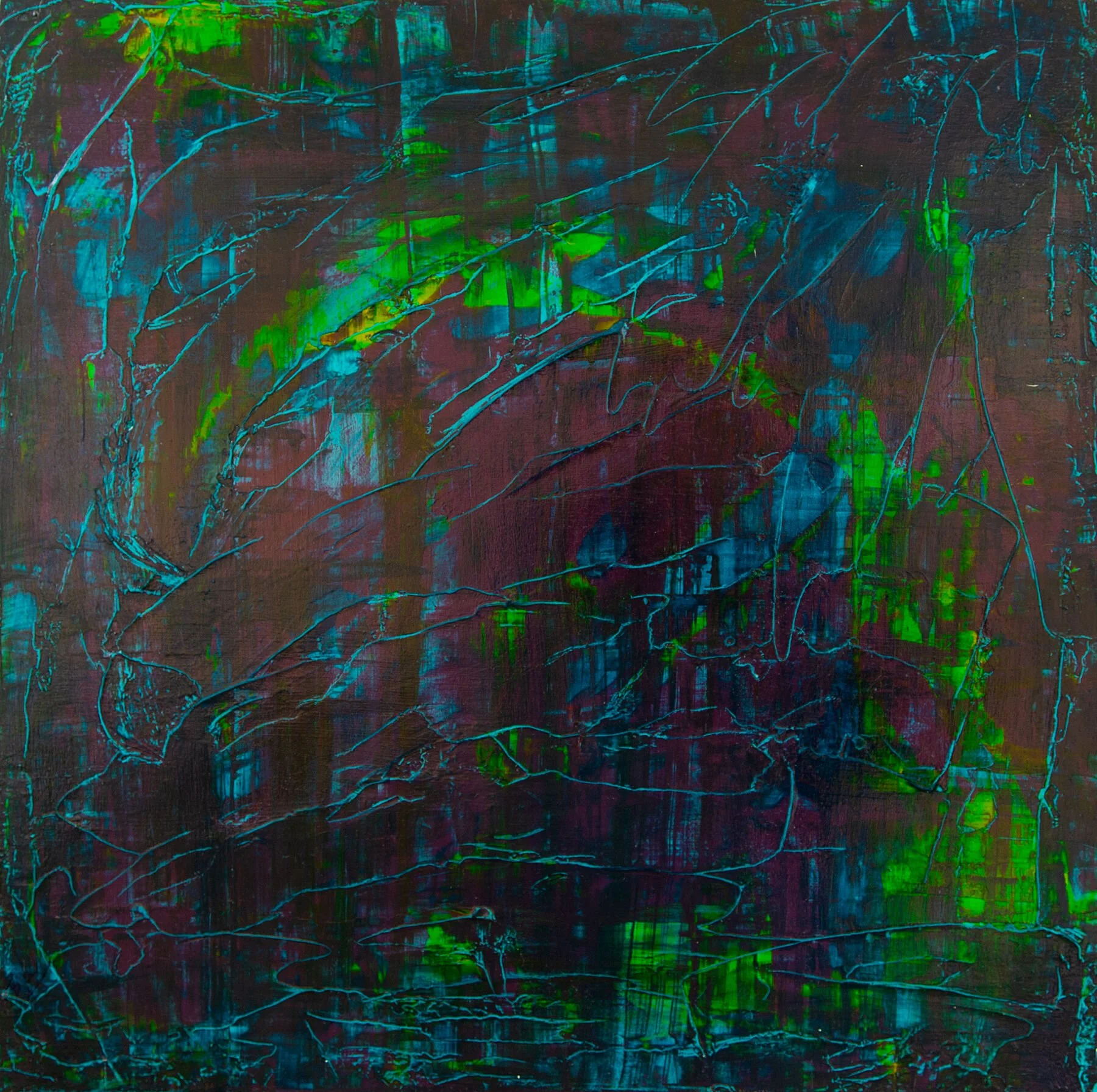 Forest gloom - purple, turquoise, lime green, blue & black intermingling