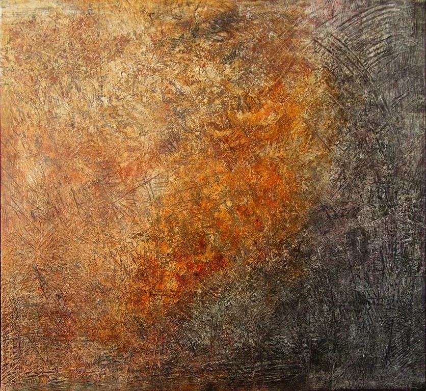 sandy orange starting at the top left of the painting moving through to dark orange just right of centre through to dark grey/black. There is a lot of texture and multiple colours showing through