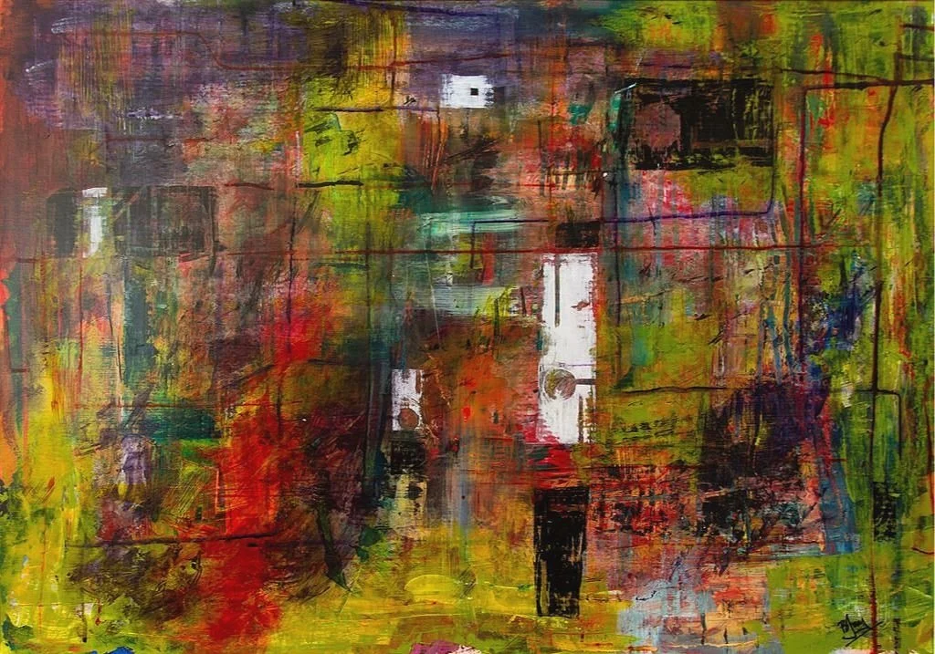 background colours of red, purple, green and yellow with "doors" & "windows" on top along with ink drips crossing and recrossing across the whole painting