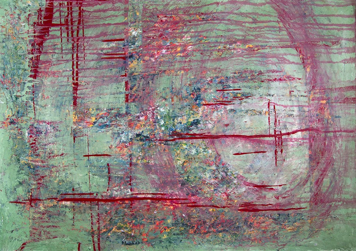 background shades of green with muted blues, oranges and yellows overlaid with bright red drips and smudges