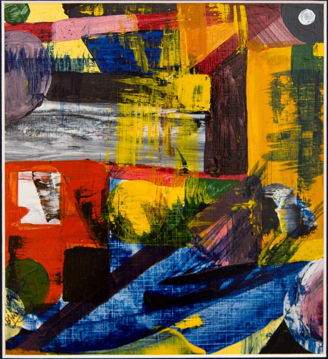 abstract shapes in red, yellow, blue, black and green with a small moon in the top right hand corner