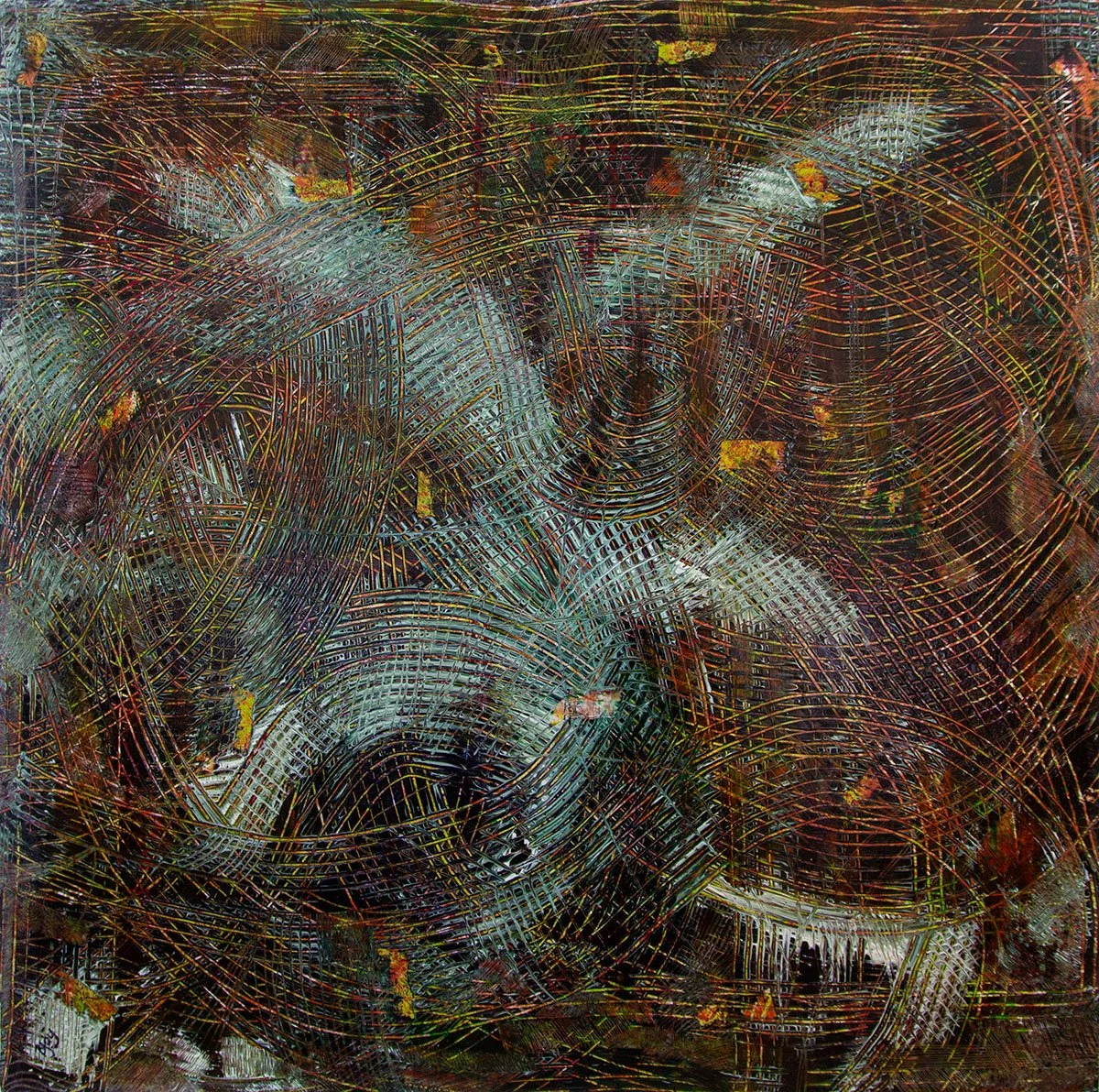 swirling lines in the paint on a textured many layered surface. The principle colours are browns, greens, yellows and pale turquoise