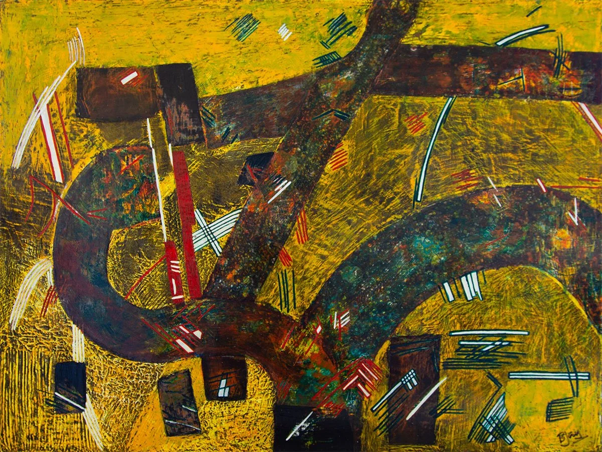 Mainly yellow background with what looks like streets on top of it, with houses, and pathways. One of the roads ends in a cul-de-sac